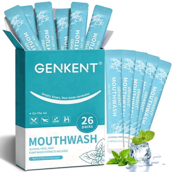 GENKENT Travel Mouthwash Packets, Fresh Mint Mouthwash for Bad Breath, Alcohol-Free & Fluoride-Free Mouth Wash On the Go, Portable Enamel-Care Oral Rinse for Adults, 26 Packs