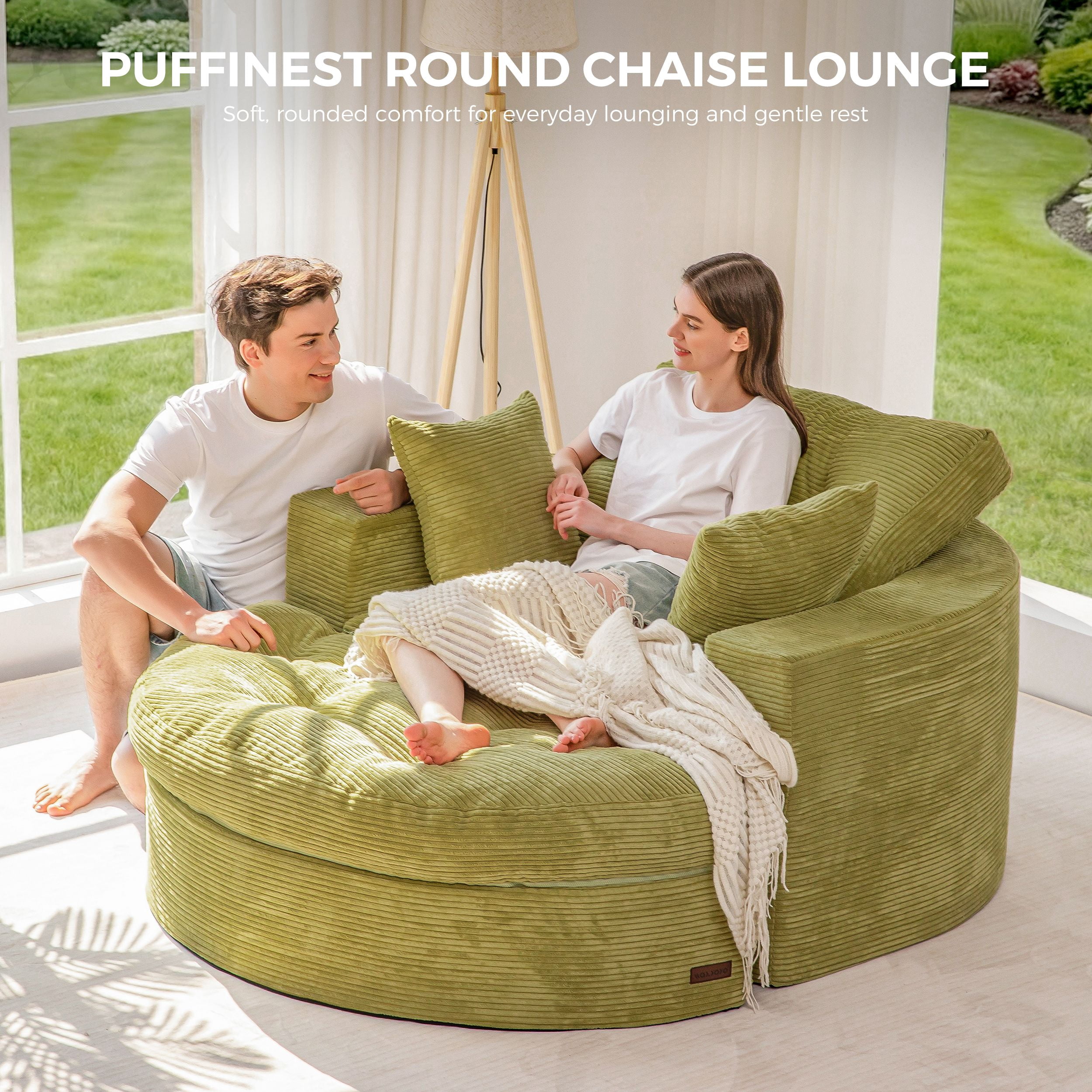 BYBYME 49''Round Chaise Lounge Chair,Corduroy Sofa Bed With Deep Seat,Upholstered Boneless Chaise Indoor,Cozy Sleeper Couch for Living Room with Ottoman,Green