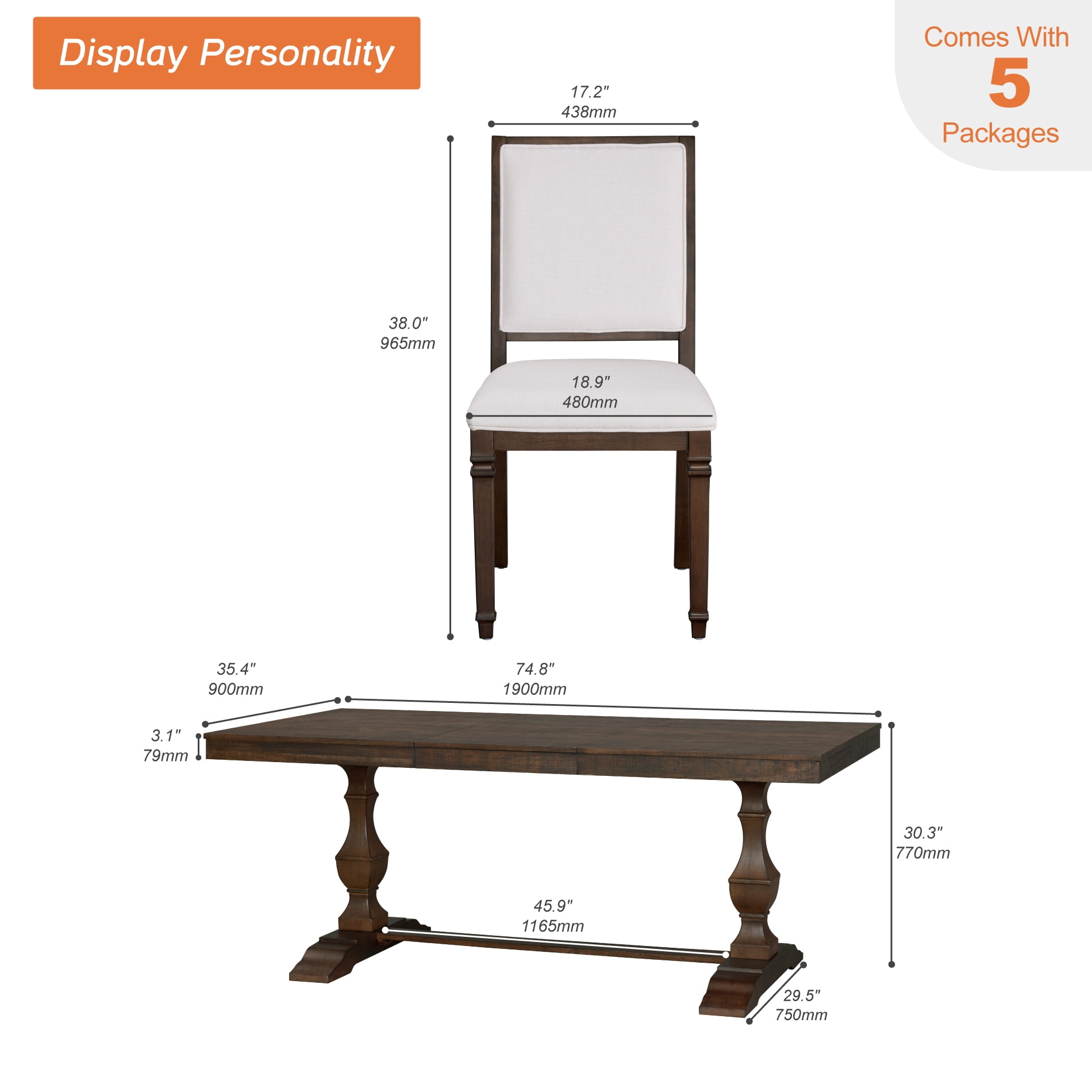 WAMPAT 7-pieces Farmhouse Dining Table Set for 6-8,74.8" Kitchen Table with Chairs,Solid Wood Legs and Upholstered Back for Dining Room & Living Room,Espresso Brown
