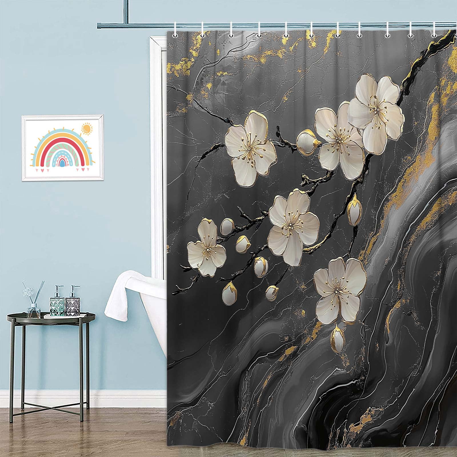 Black Grey Shower Curtain, Abstract Black Grey Marble 3D Floral Modern Luxury Shower Curtain Set for Bathroom, Waterproof Fabric Marble Bath Curtains with Hooks,72X72IN