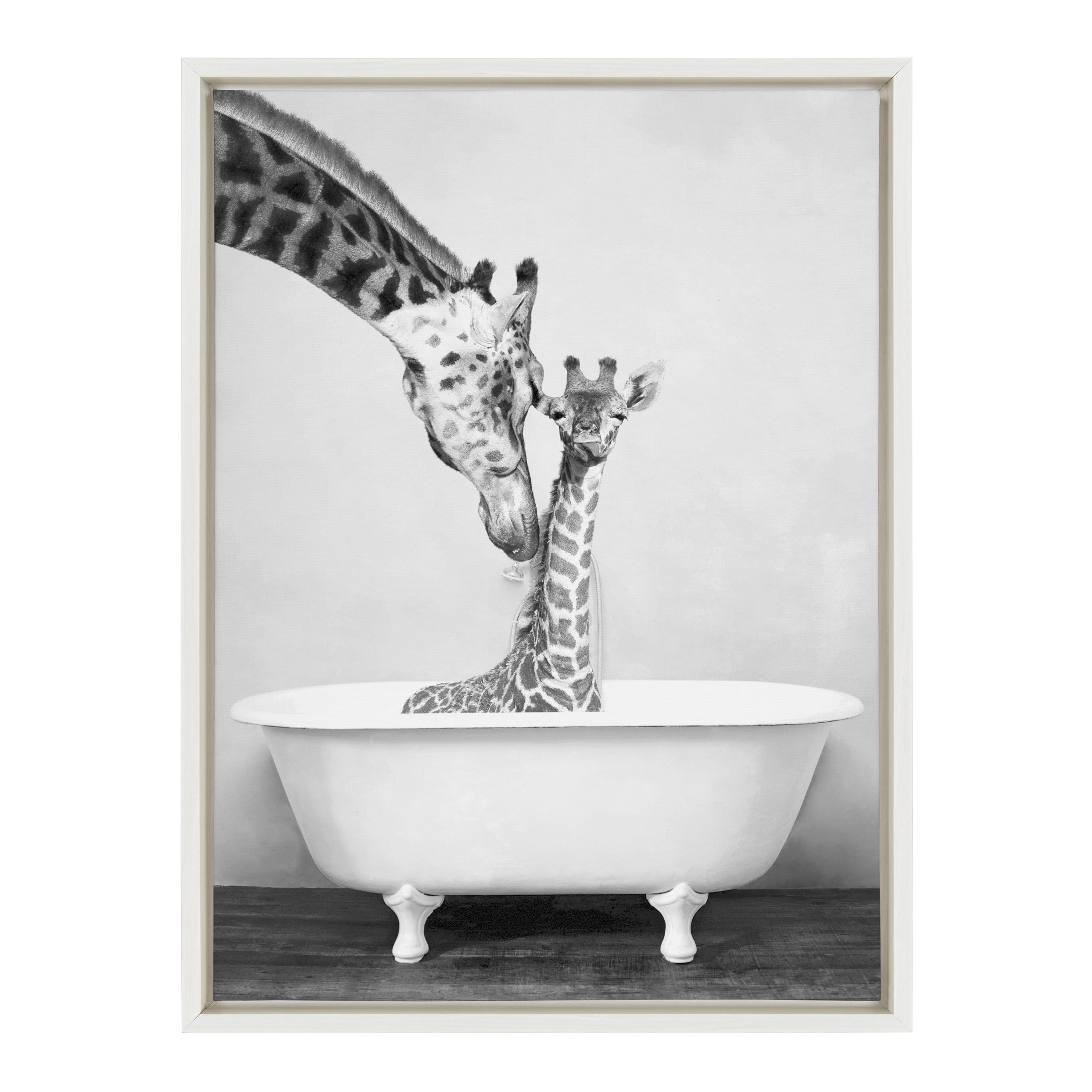 Kate and Laurel Sylvie Giraffe In Tub Framed Canvas Wall Art by Amy Peterson Art Studio, 18x24 White, Modern Fun Decorative Bathtub Wall Art for Home Décor