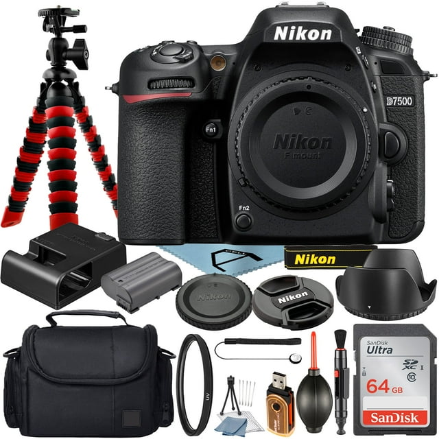 Nikon D7500 DSLR Camera (Body Only) 20.9MP DX-Format CMOS Sensor with SanDisk 32GB Memory Card + Case + Tripod + UV Filter + A-cell Accessory Bundle