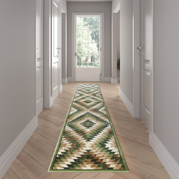 Emma   Oliver 2x11 Distressed Southwestern Diamond Motif Plush Pile Olefin Accent Rug in Green, Beige, Brown and Black - Jute Backing