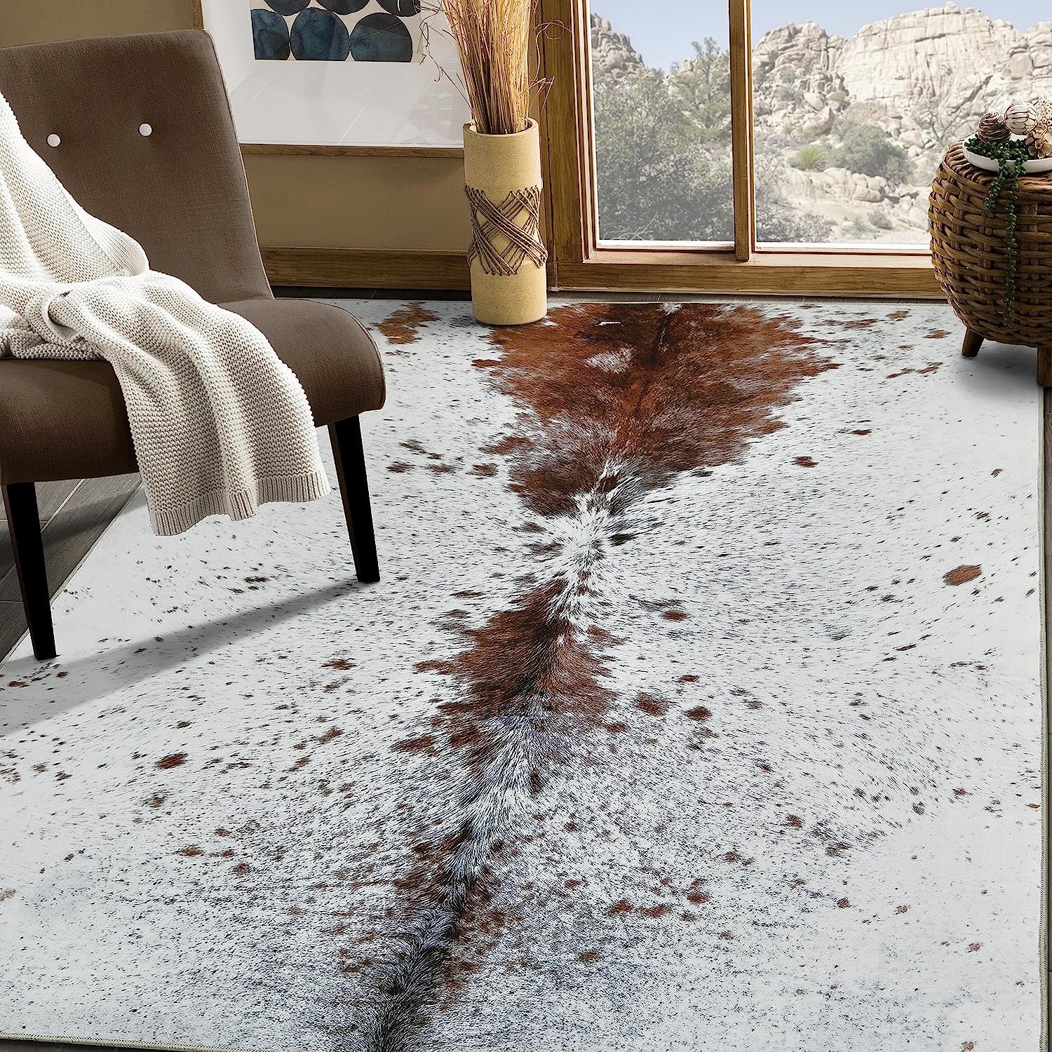 HR Premium NonSlip Faux Cowhide Beige Brown Ivory and White Print Area