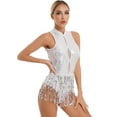thumbnail image 5 of Doomiva Women's Shiny Sequins Tassel Latin Jazz Dance Leotard Bodysuit Sleeveless Backless Dance Dress White XL, 5 of 7