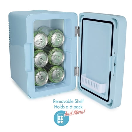 IONCHILL PERSONAL 6 CAN CHILLER LED LIGHTED MINI FRIDGE WITH MIRROR DOOR, BLUE
