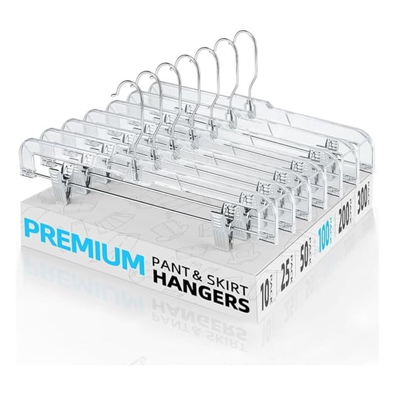 Clear Pants Hangers 100 Pack, Non-Slip Plastic Skirt Hanger with 2 Adjustable Clips, Heavy Duty Clip Hangers for Pants, Skirts, Shorts, 14" Clear Hanger, 360-Rotating Swivel Hook