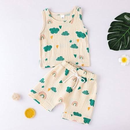 

Baby Boys Girls 3M-3Y Cartoon Rainbow Printed Linen Cotton Vest Tops Shorts Outfits