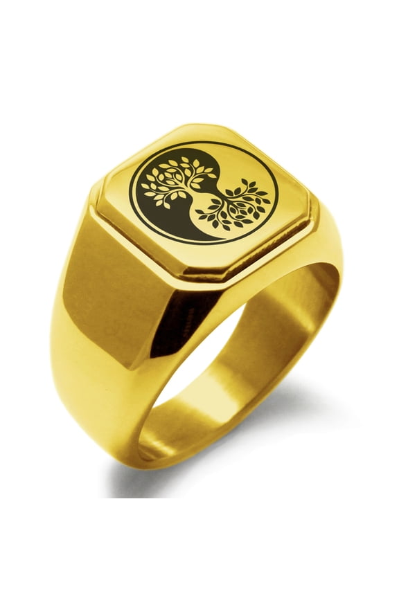 Stainless Steel Tree of Life Yin Yang Engraved Square Flat Top Biker Style Polished Signet Ring