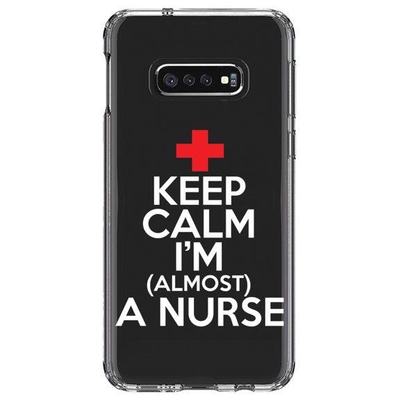 DistinctInk Clear Shockproof Hybrid Case for Samsung Galaxy S10e (5.8" Screen) - TPU Bumper Acrylic Back Tempered Glass Screen Protector - Keep Calm I'm Almost a Nurse