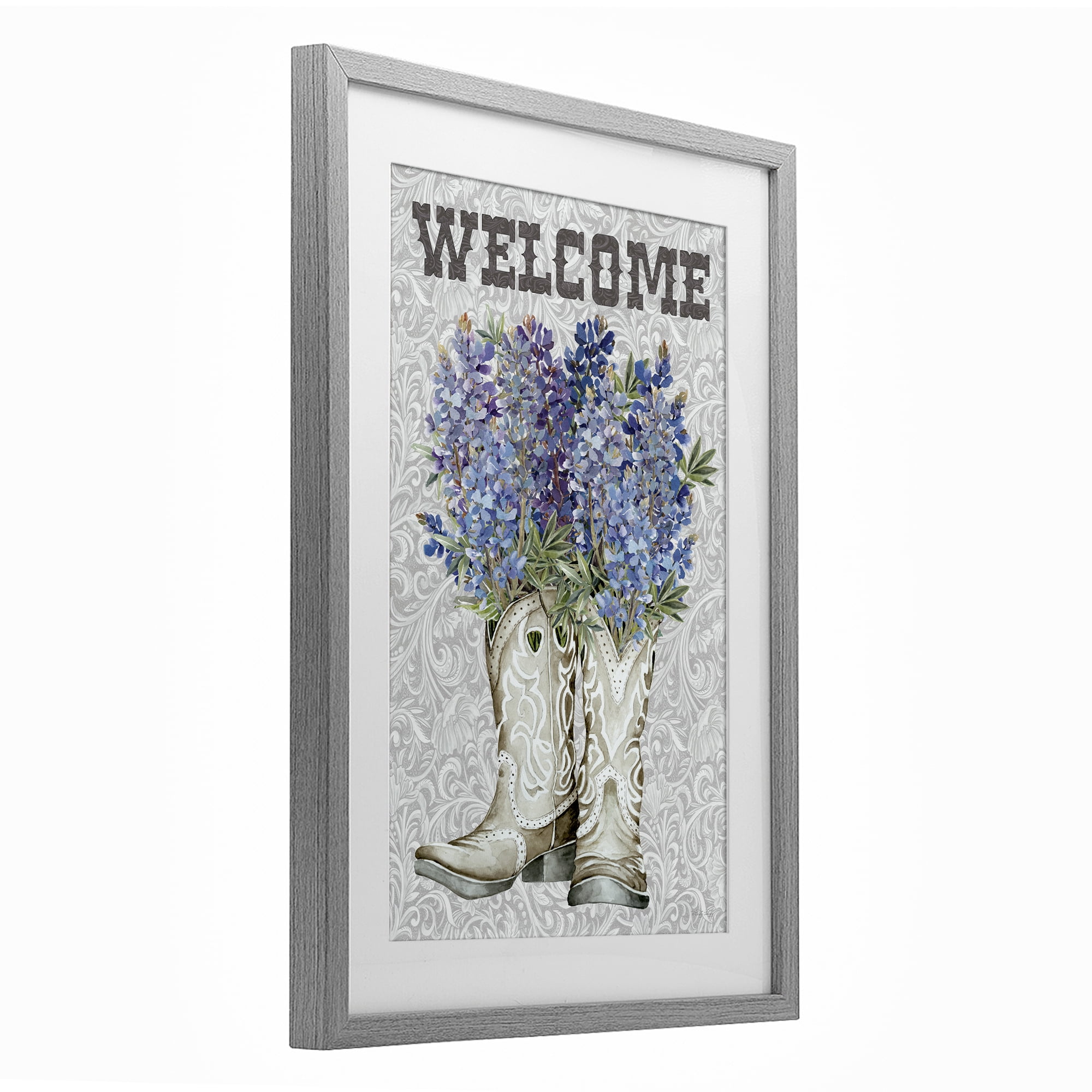 Stupell Industries Welcome Bluebonnet on Paisley Gray Framed Print Under Glass, design by Cindy Jacobs
