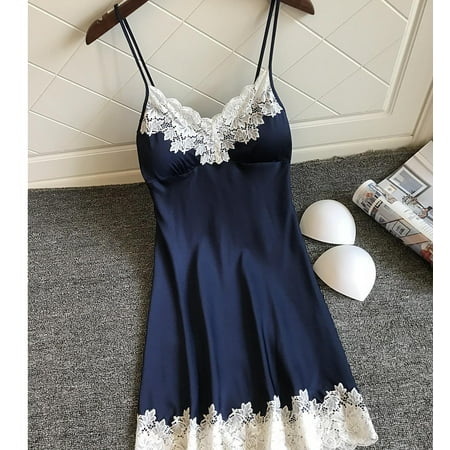

Nokiwiqis with Chest Pads Ladies Silk Satin Night Dress Sleeveless Nighties V-neck Nightgown Nightdress Lace Sleepwear Nightwear For Women