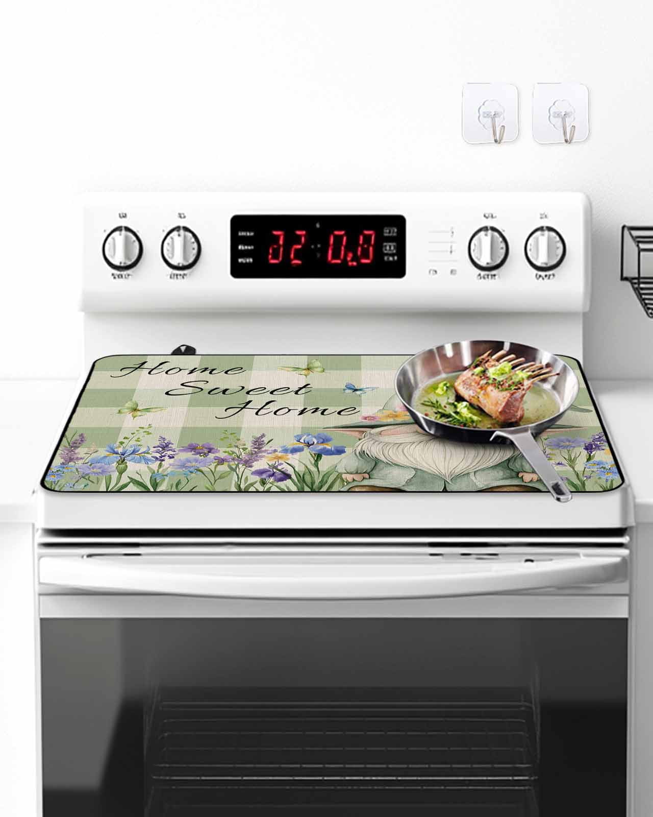 Stove Top Covers for Electric Stove 24x21 Inches, Rustic Gnome Heat Insulation Fireproof Glass Cooktop Protector, Spring Flowers Butterfly Green Check Countertop Stovetop Cover for Kitchen