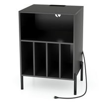 YYAo Record Player Stand with Record Storage Shelf and Charging Station-Black