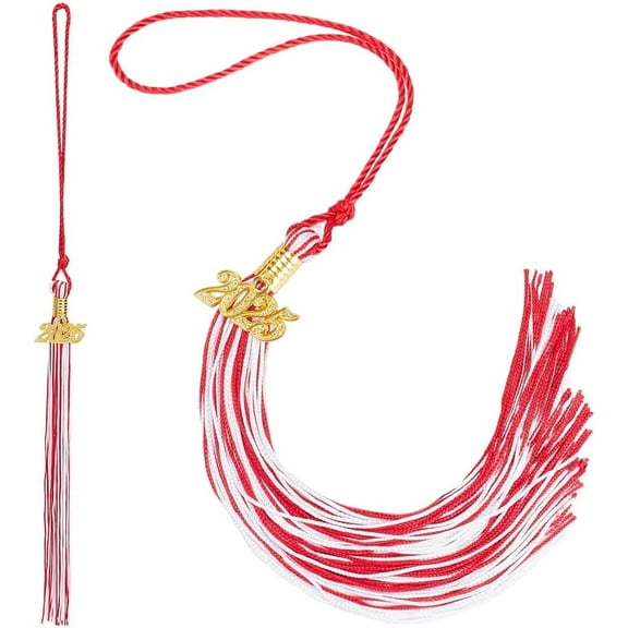 2Pcs Red White Graduation Tassel 2025 Tassels for Bachelor Caps with Golden Year Charm Grad Tasseled Decor Academic Ceremony Graduations Party Memorial Gift Fringed Accessory Car Decoration