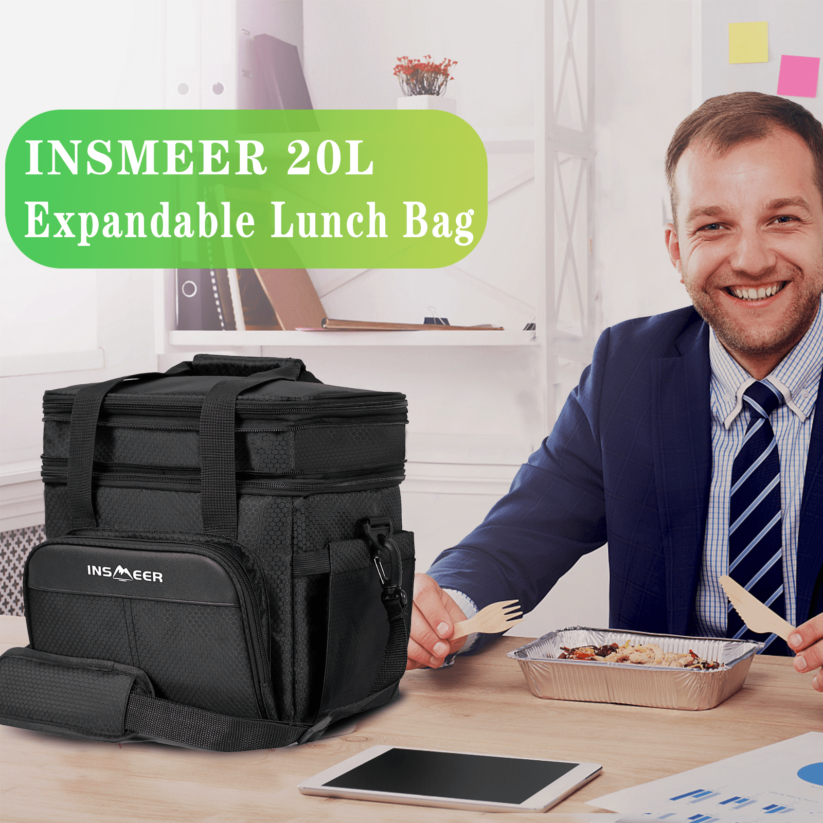 INSMEER Expandable Insulated Lunch Bag for Men, Leakproof 2-Layer Cooler, 30-Can Large Capacity 21.13 Qt, Perfect for Adult Work Travel Picnic