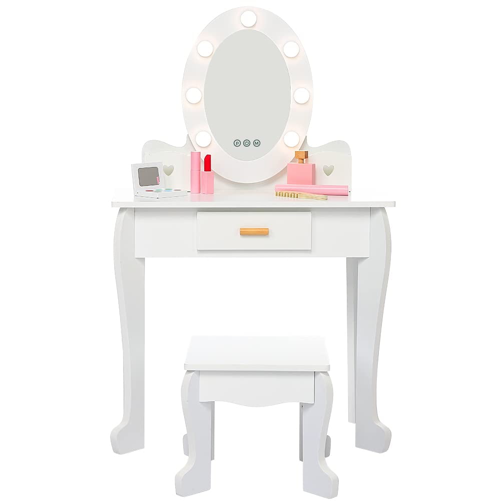 TROPOW Kids Vanity Set with Drawer and Stool, Girls Vanity Set with with Lights and Mirror for Girls, Wood Makeup Playset Birthday for Age 4-9 Years, White