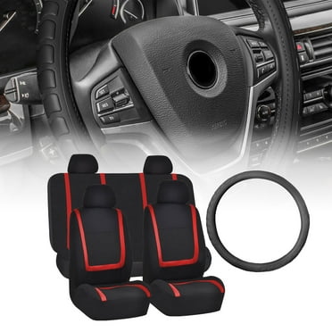 FH Group Unique Flat Cloth Auto Seat Covers Combo, Full Seat Covers Set with Steering Cover, Red Black