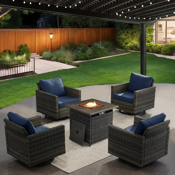 OPOHORO 5 Pieces Patio Furniture Set with 30" Propane Fire Pit Table, Patio Swivel Rocking Glider Chairs Set of 4 with Gray Wicker and Square Propane Firepit for Garden Balcony Porch - Gray/Blue