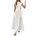 thumbnail image 4 of Women Summer Casual Polyester Long Dress Solid Color Stand Collar Waist Hollow-Out Sleeveless Dress Beach Holiday Loose Dress, 4 of 10