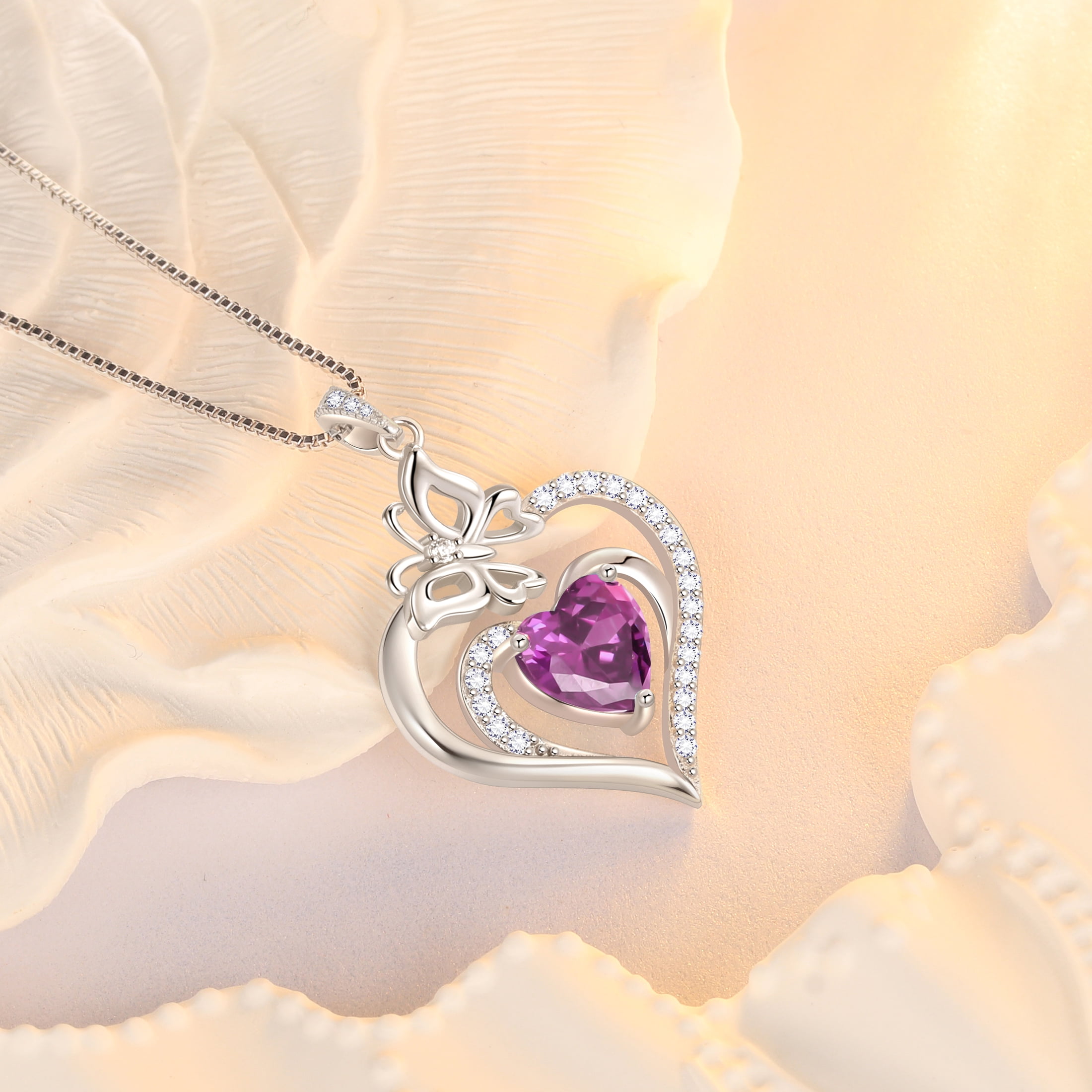 Beautlace 925 Sterling Silver Heart February Amethyst Birthstone Necklace,Butterfly Pendant Necklace Cute Animal Jewelry Birthday Christmas Valentines Gifts for Women