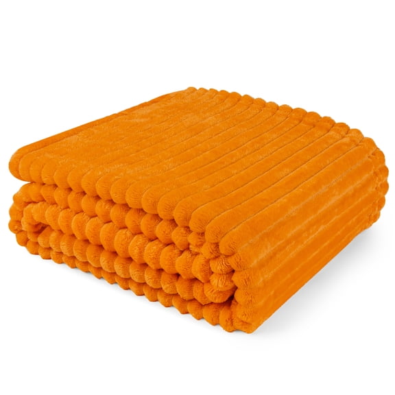 PAVILIA Super Soft Fleece Throw Blanket Twin Fall, Fuzzy Plush Flannel Throw, Warm Cozy Ribbed Microfiber Blanket for Sofa Couch Bed, Lightweight Striped Blanket, Orange, 60x80