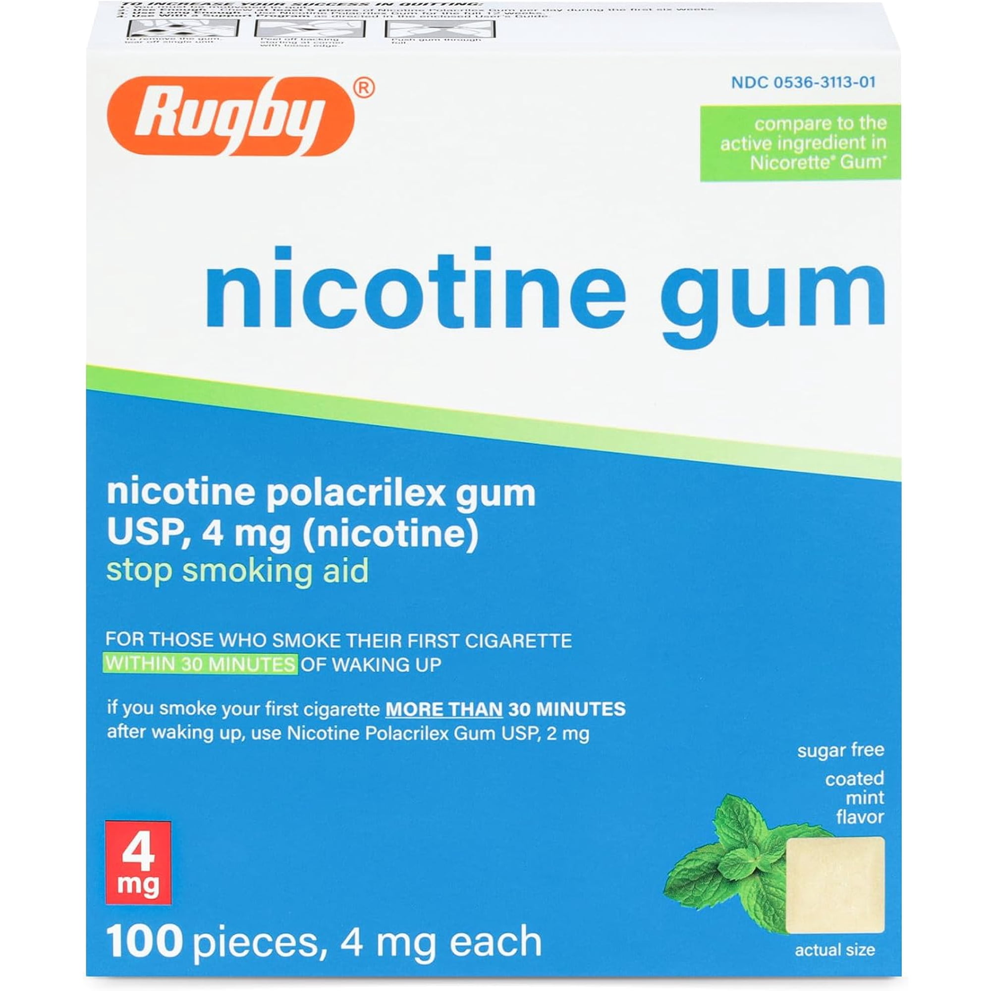 Rugby Polacrilex 4mg Nicotine Gum, Coated Mint Flavor, 100 Count (1-Pack)