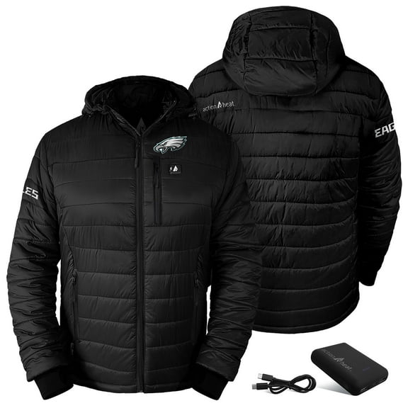 Men's ActionHeat Black Philadelphia Eagles 5V Battery Heated Insulated Puffer Full-Zip Hoodie Jacket