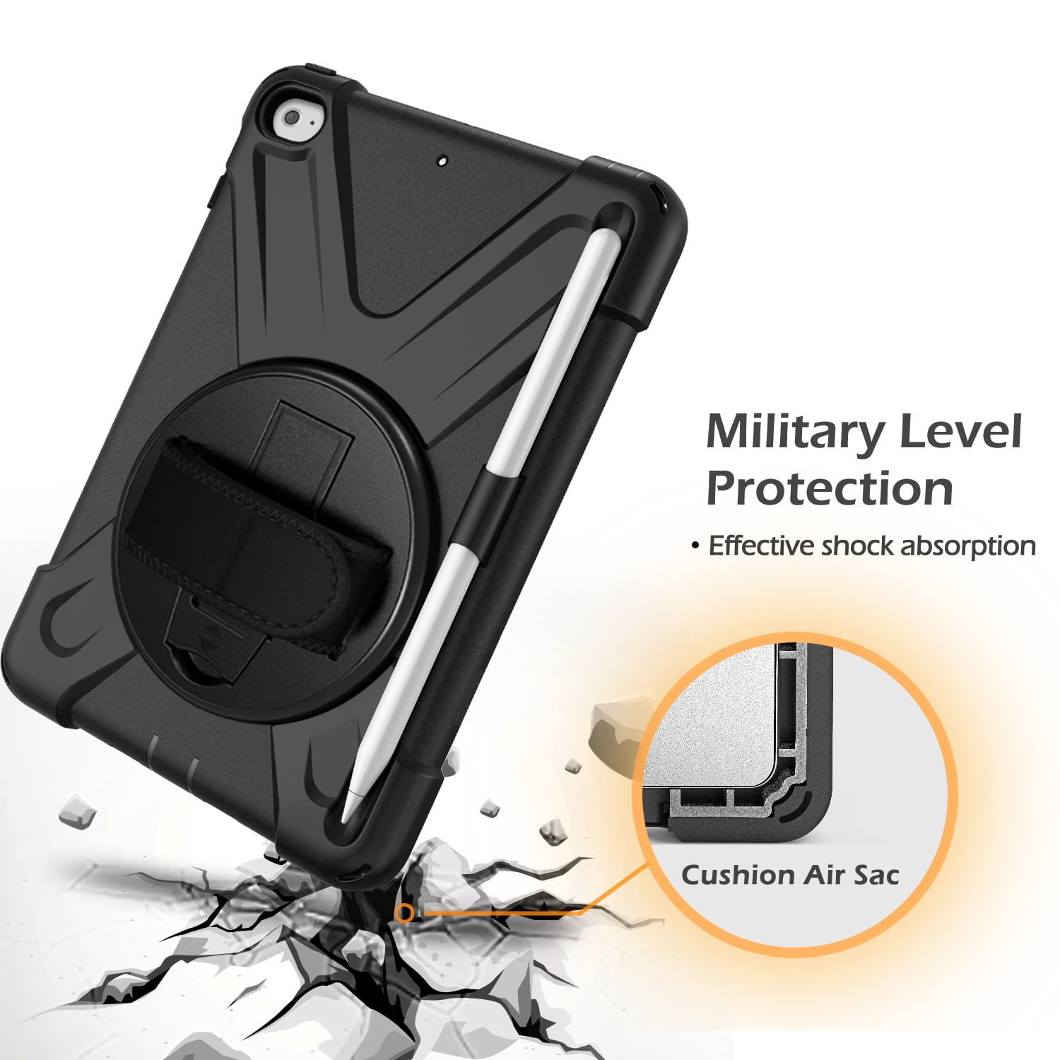 iPad 6th/5th Generation Case Kids, iPad 9.7 Case with Pencil Holder, Heavy Duty Shockproof Protective Rugged iPad 9.7 Case with Stand/Hand Strap for iPad Air 9.7-inch 2018/2017 - BLACK