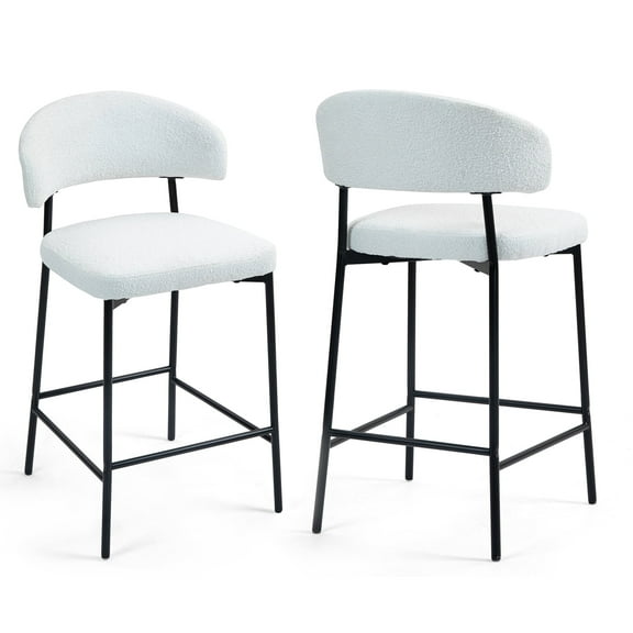 Set of 2 Bennett White Boucle Upholstered Fabric Counter Stool with Black Iron Legs
