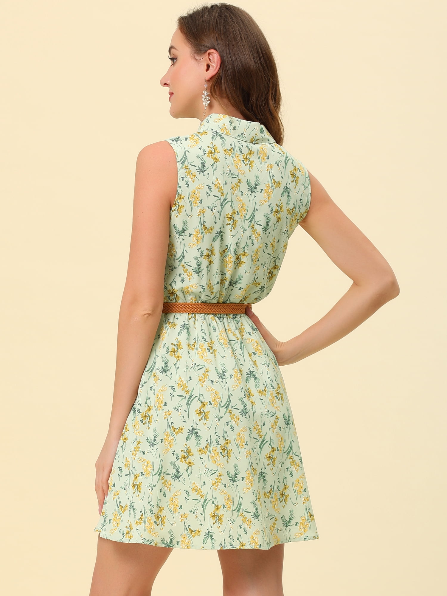 DARING DIVA Unlined Sleeveless Mini Belted Dress S Light Green-Yellow Floral