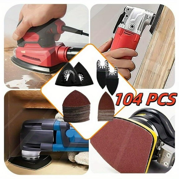 A Set of 104Pcs Oscillating Tool Detail Sanding Pads Kit Including 2Pcs Triangle Sanding Pads and 2Pcs Finger Sanding Pad 100Pcs Multitool Sandpaper Grit Fit for Finishing Wood Sanding Plaster