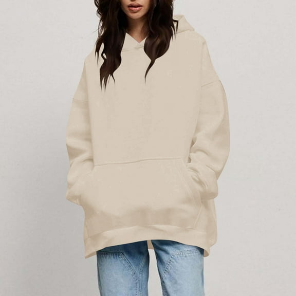 Dasayo Dressy Hoodies for Women Beige Plus Size Long Sleeve Casual Solid Pocket Hoodies Ladies Blouses L