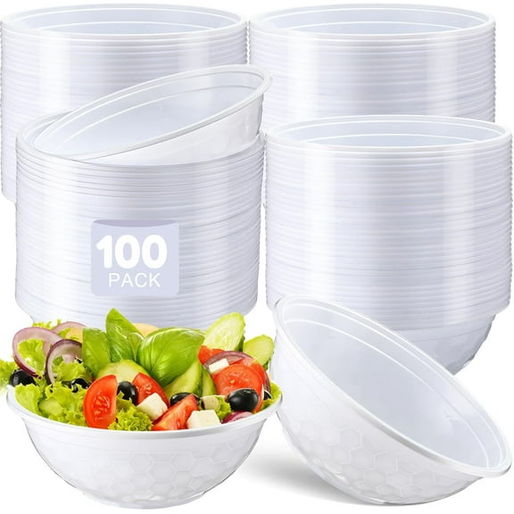 100 Pack 32oz White Disposable Plastic Bowls Plastic Salad Bowls Large Stackable Serving Soup Dinnerware for Birthdays, Weddings, Parties, Festivals