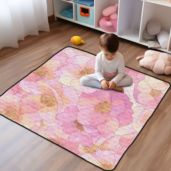 WOBOGO Pink Camellia Baby Playmats Extra Large Waterproof Rollable Activity Pads for Toddlers 50×50inch