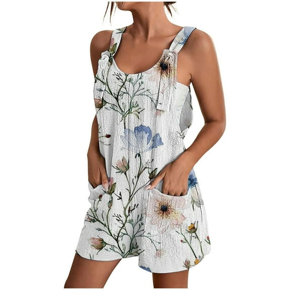 Women Summer Romper Casual Elegant Floral Print Tank Top Short Jumpsuit with Pocket Zip Back Tie Knot Front Loose Outfits, White, M