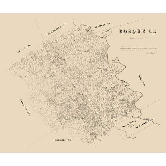 Historic County Map - Bosque County Texas - Walsh 1879 - Vintage Wall Art