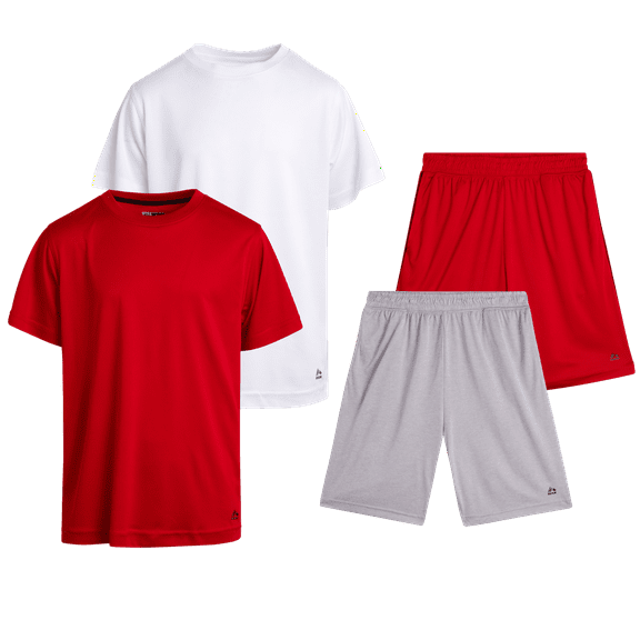 RBX Active Boys Short Sets Dryfit Short Sleeve Athletic Shirt and Gym Shorts 4 Piece Sets