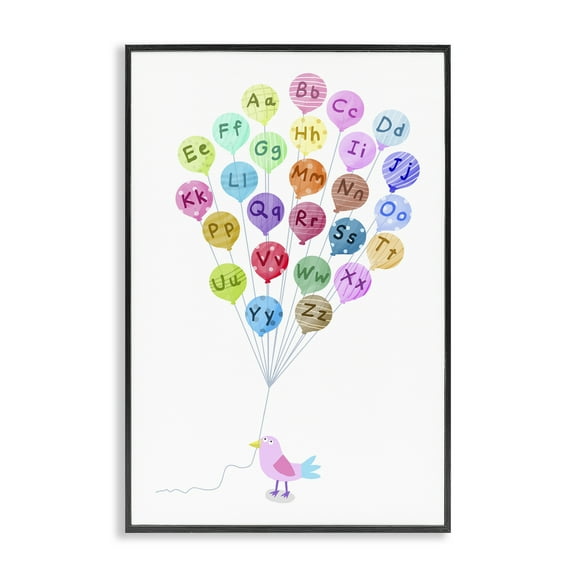 Stupell Industries Bird & Alphabet Balloons Animals & Insects Painting Black Framed Art Print Wall Art, 12 x 18