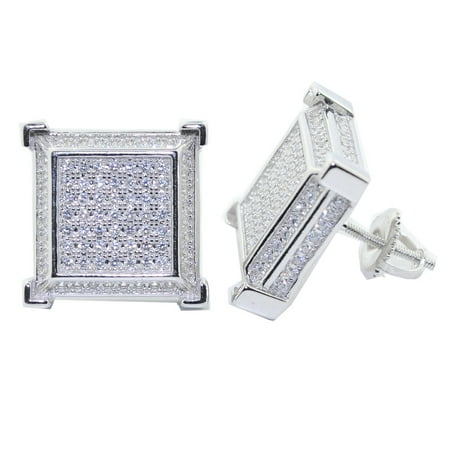 Cube Sterling Silver Earrings - 14.5MM Wide Cubic Zarconia Stud Earrings Sterling Silver Iced Out Cube