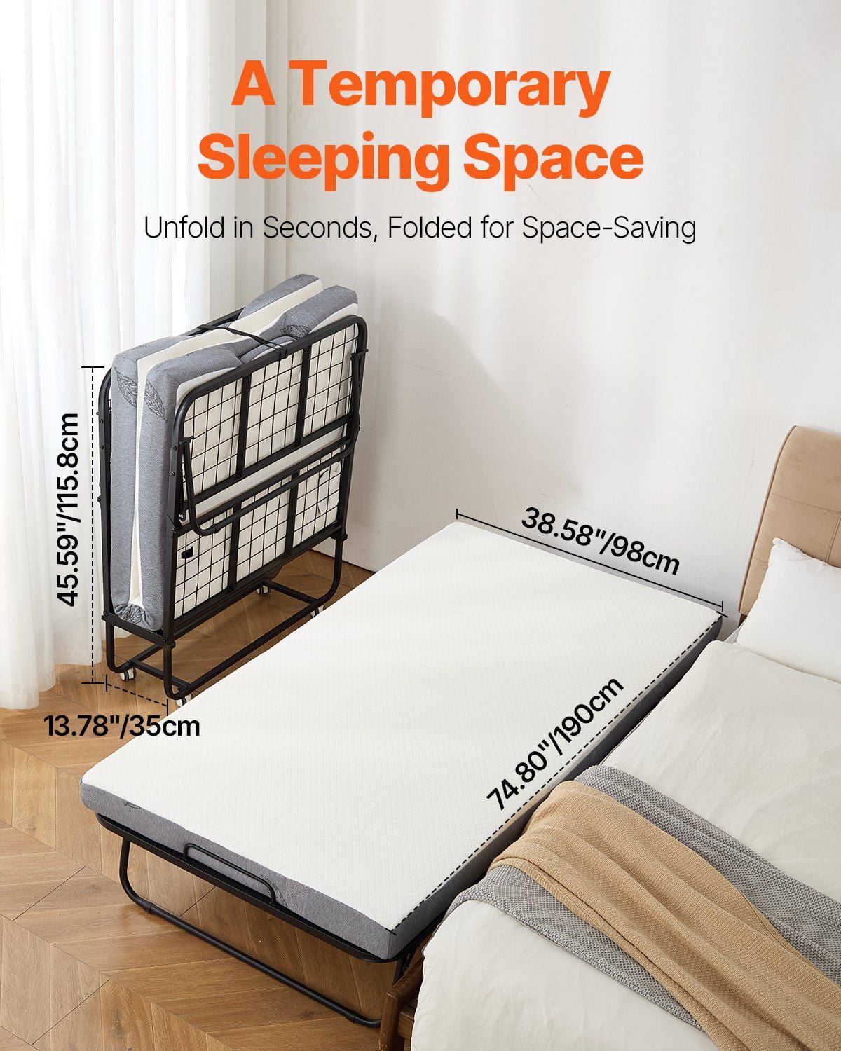 Foldable Twin Roll Away Bed with 4" Memory Foam, 38x75 Inch Portable Guest Bed with Sturdy Steel Frame, Compact Storage Design