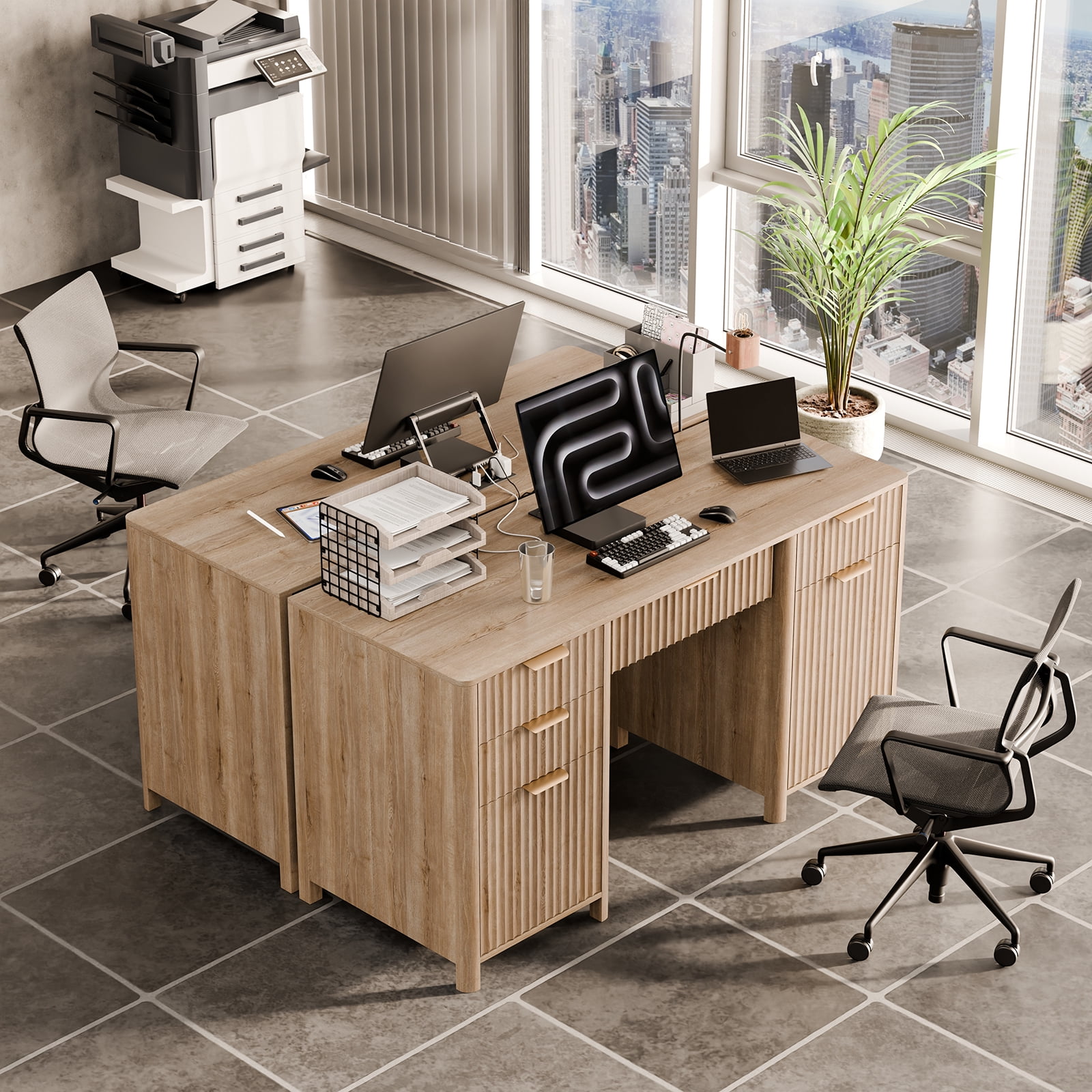 58" Fluted Executive Desk with Storage Modern Home Office Desk with Charging Station Wood Work Desk for Office, Bedroom, Study, Living Room, Oak