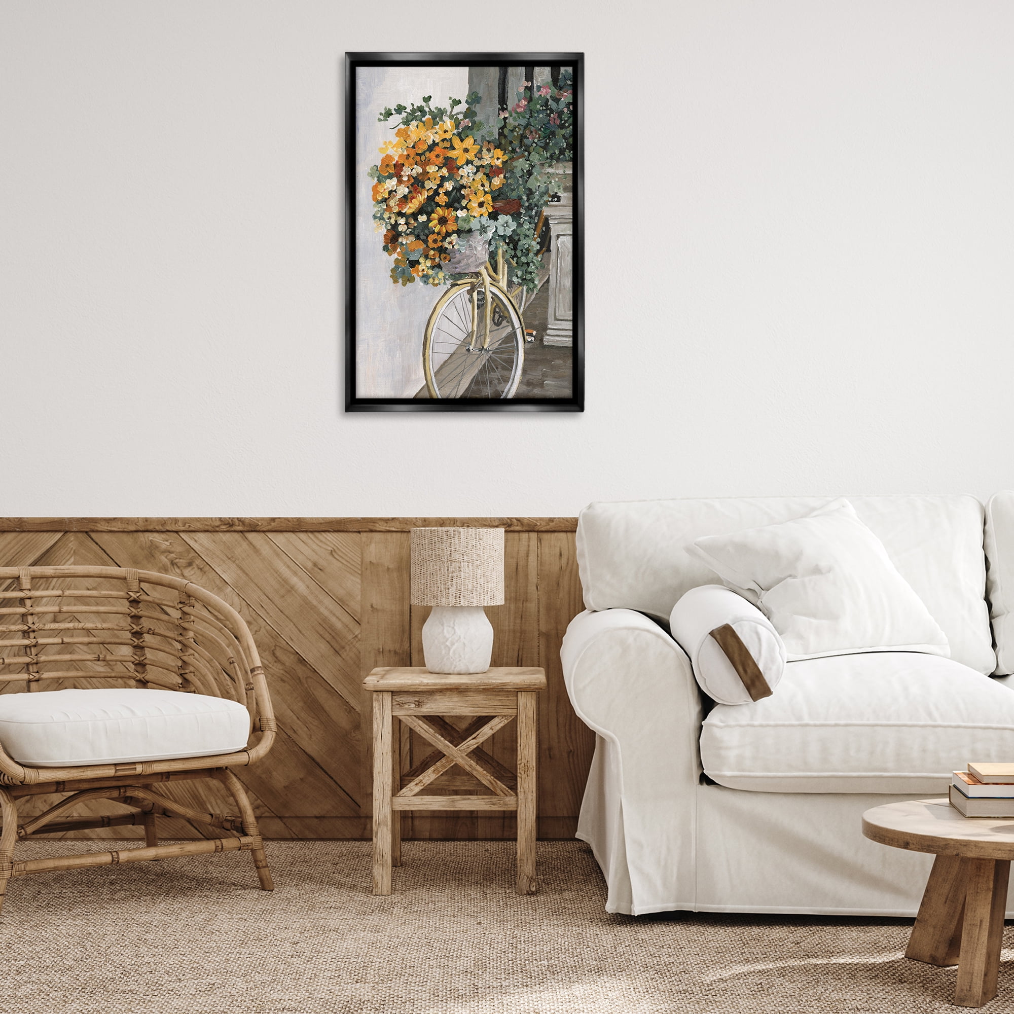 Stupell Industries Bouquet on Bicycle Botanical & Floral Painting Black Floater Framed Art Print Wall Art, 21 x 31
