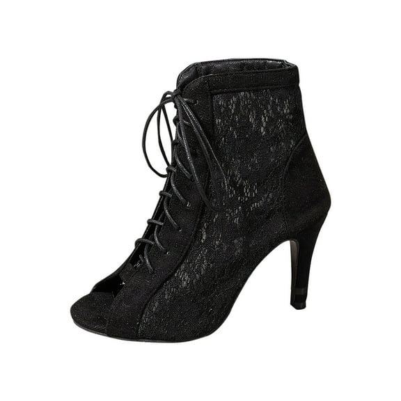 Lace Up Stiletto Heels Open Toe Ankle Boots for Women Mesh Ballroom Dance Shoes High Heel Sandals for Party, Black, Size 8.5