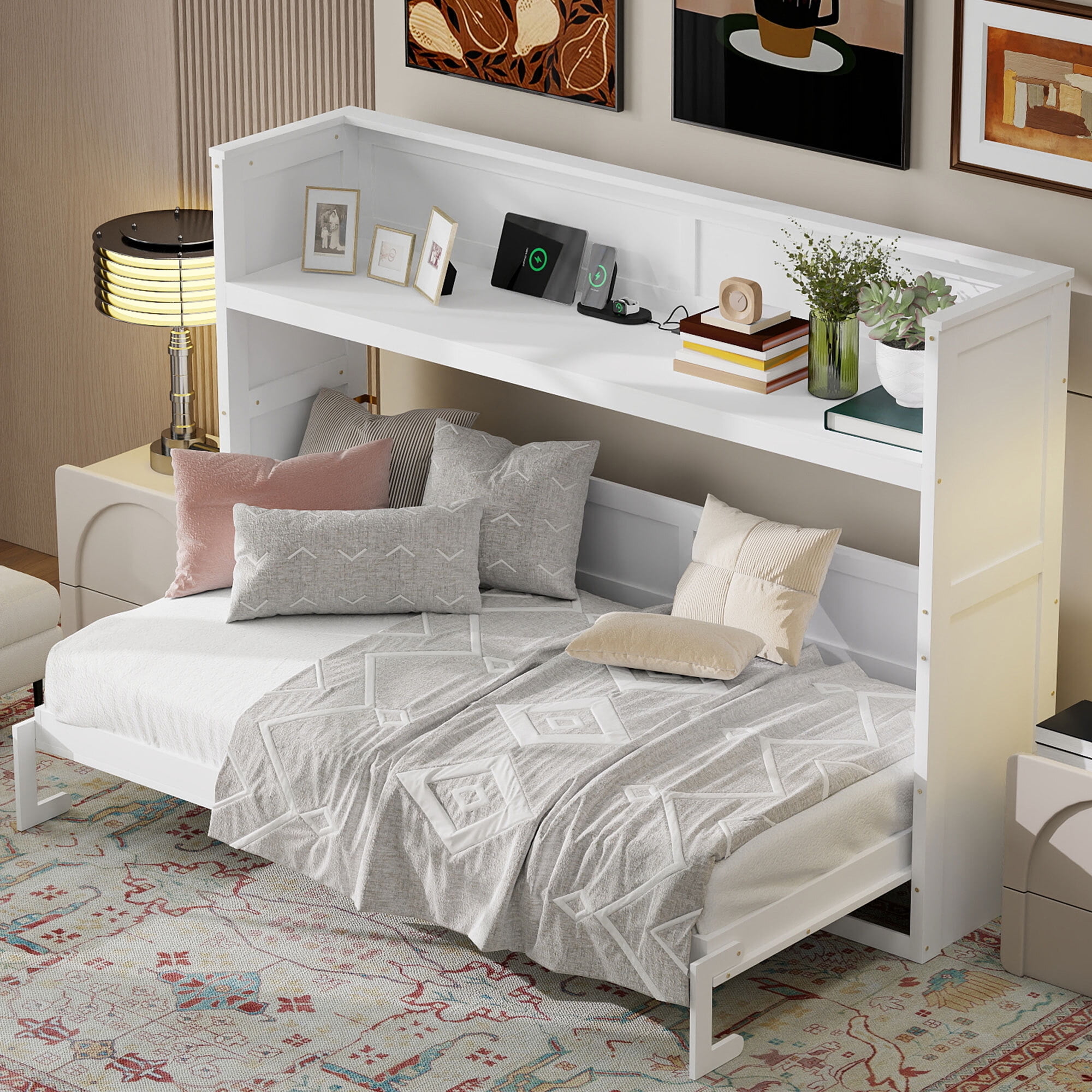 Euroco Wood Twin XL Murphy Bed with Desk and LED Light, Storage Wall Bed with USB Charging Station