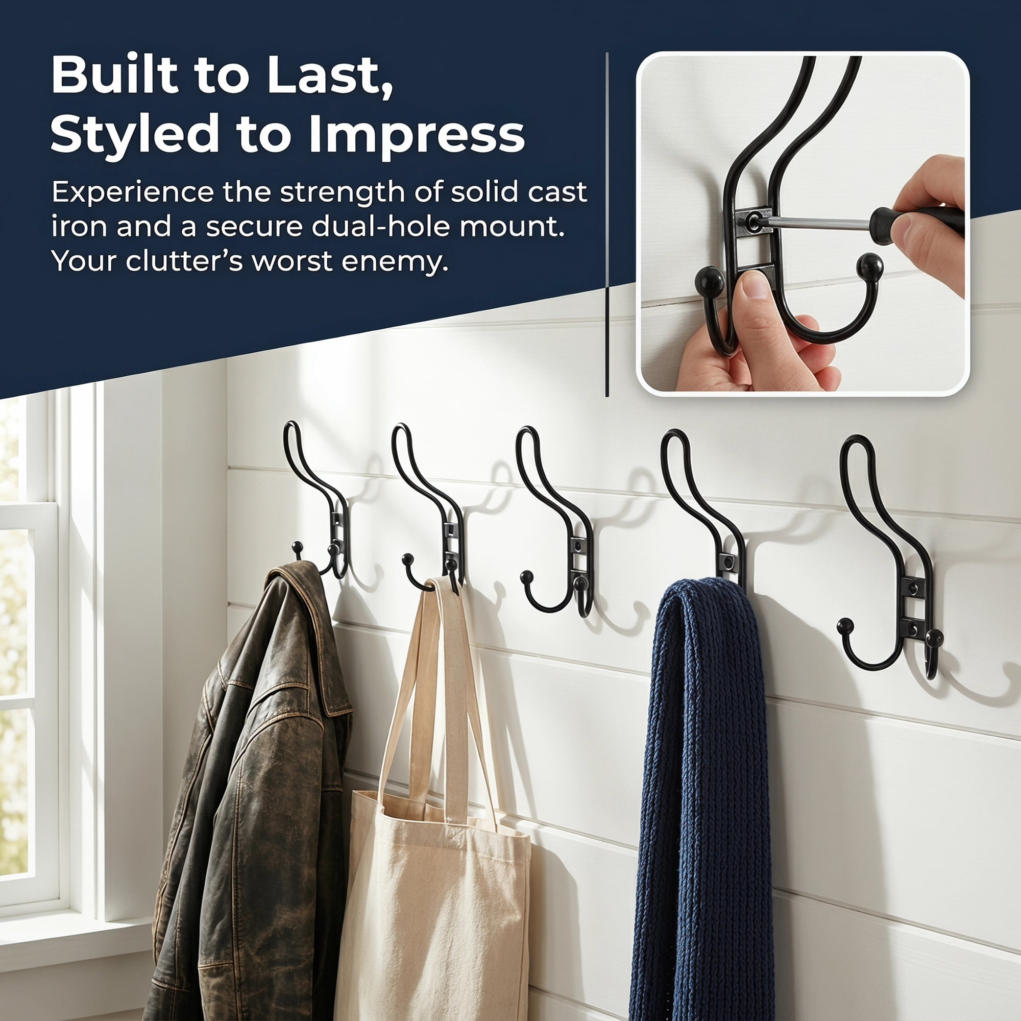 Unique Bargains 8Pcs Utility Metal Durable Multi-Purpose Wall Hooks Black 5.3x2.8inch