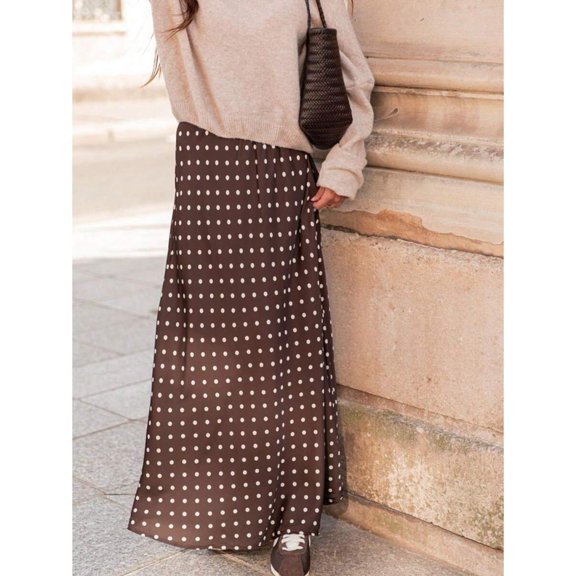 Brown Polka Dot High Waist Flowing Maxi Skirt Casual Elegant
