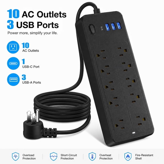 BOHASHIN Surge Protector Power Strip with USB, with 10 Outlets and 3 USB Ports and 1 USB C, 4ft Extension Cord for Home Office, UL Listed, Black