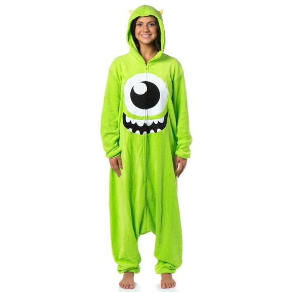 Disney Monsters Inc Mike Wazowski Hooded Kigurumi Adult Fleece Zip Up Costume One Piece Footless Pajama Union Suit