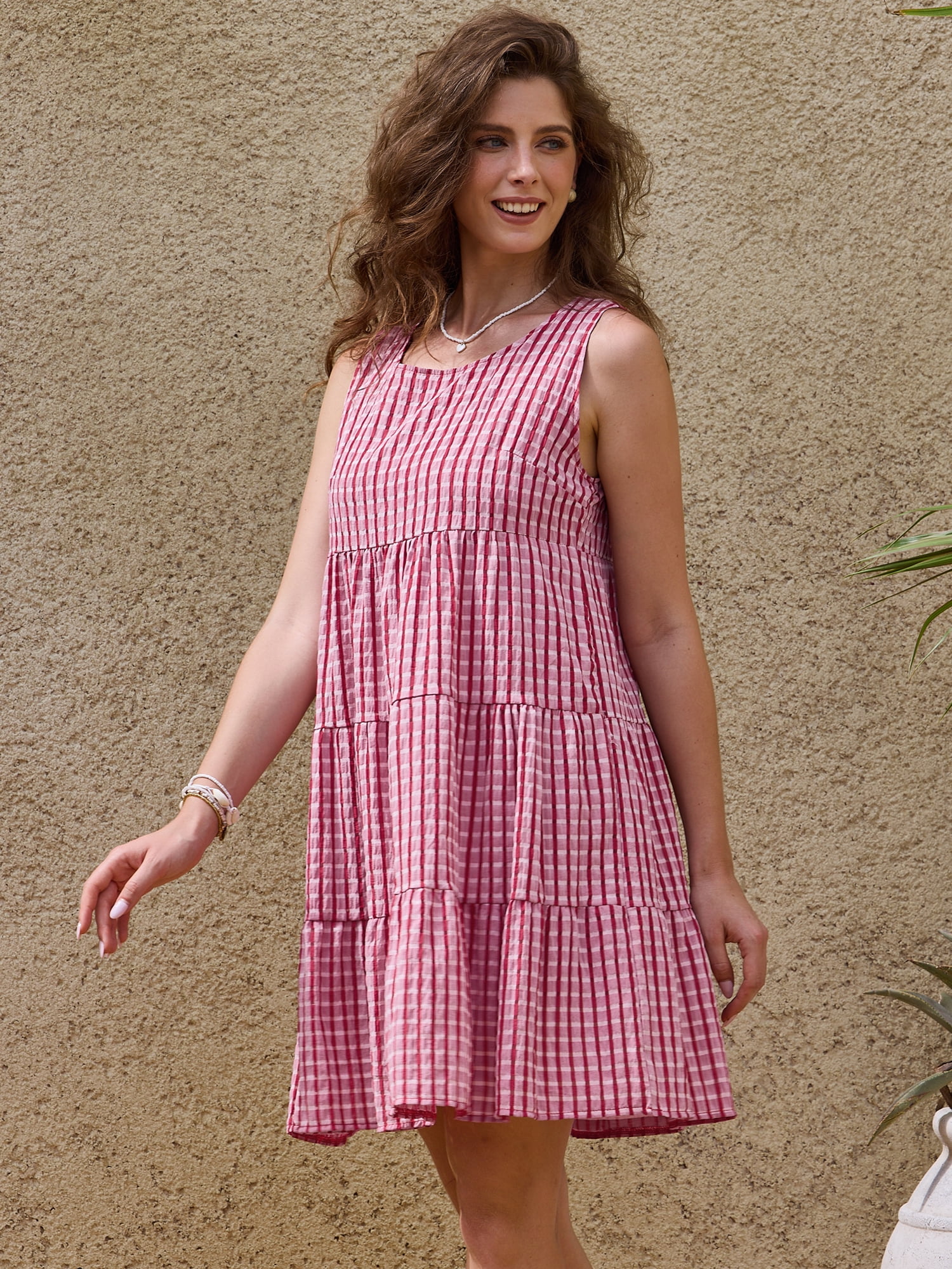 DARING DIVA Women's Gingham Flowy Swing Plaid Tiered Short Dresses S Red